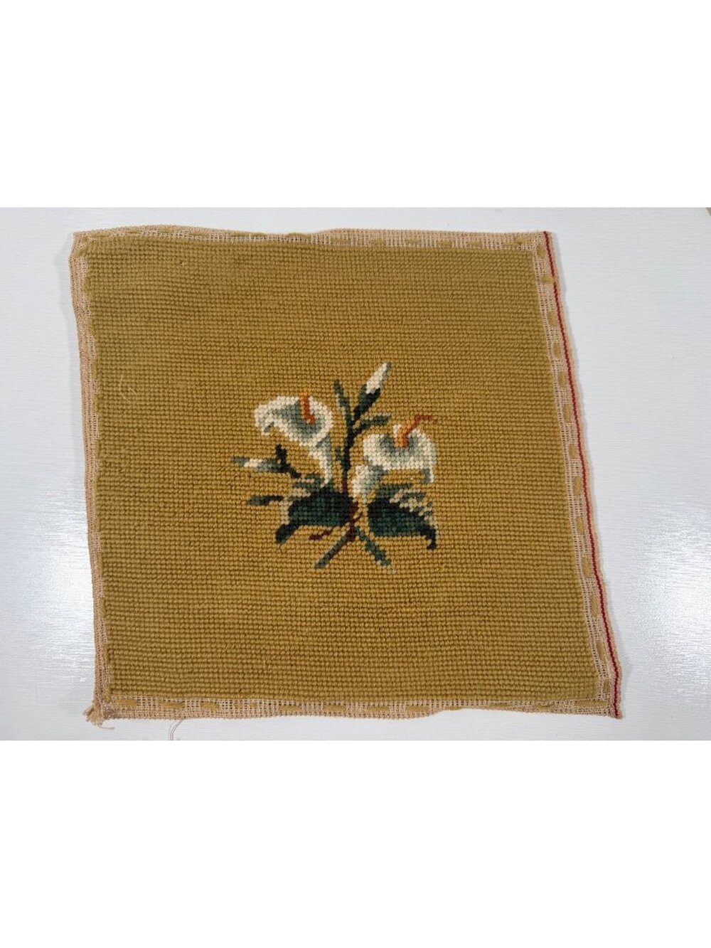 Vintage Needlepoint White Calla Lily and Leaves on Gold Canvas 10x10"